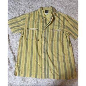Weekendz off short sleeve button up with zipper pocket yellow stripe  shirt L